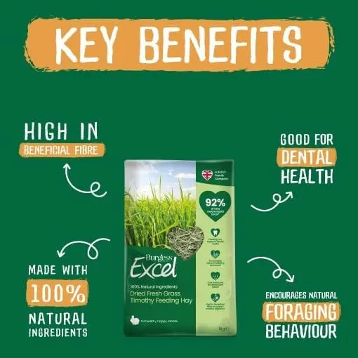 Burgess Excel hay bag highlighting key benefits for dental health and foraging behavior.