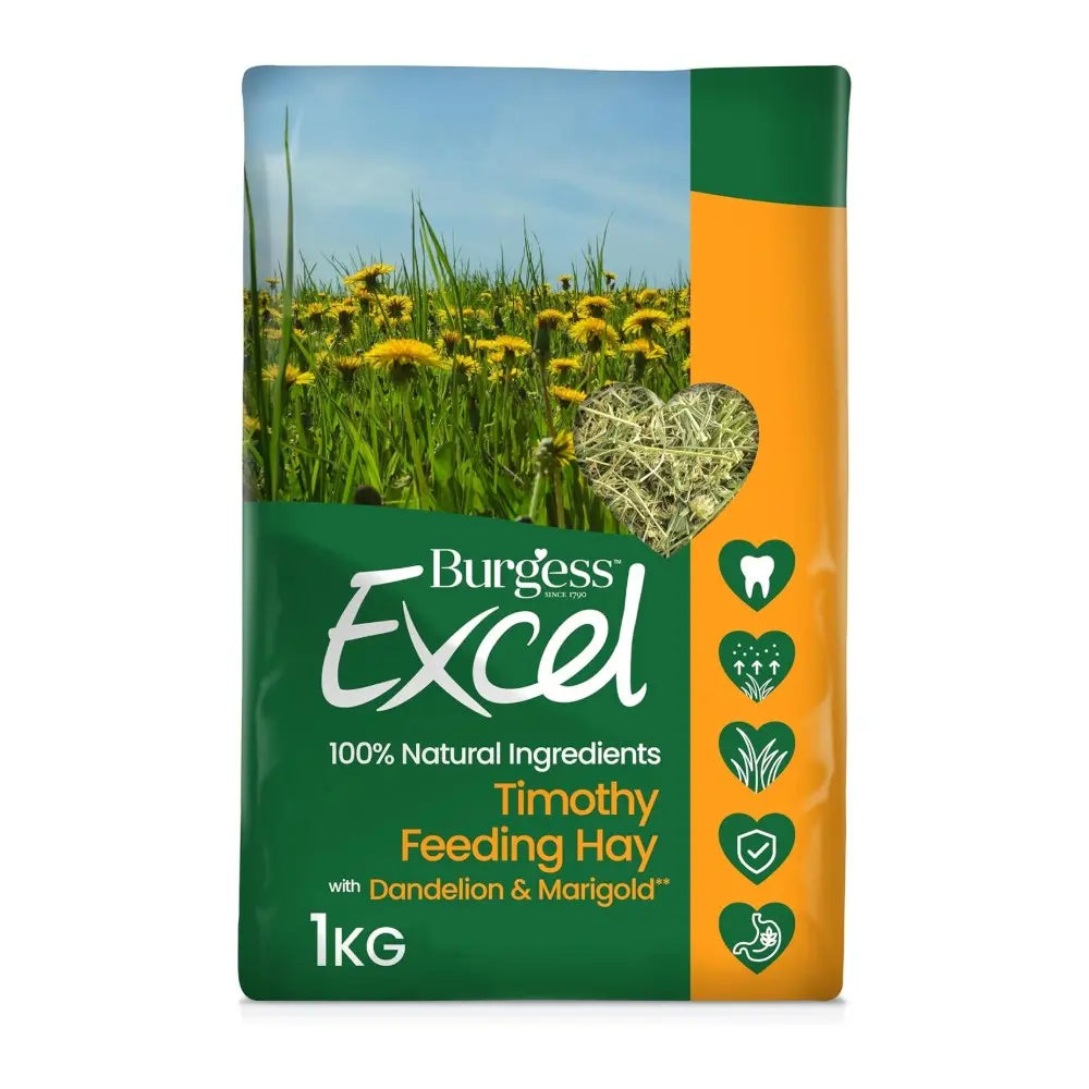Burgess Excel Timothy Feeding Hay with Dandelion & Marigold, 1kg, for healthy small animal diets.