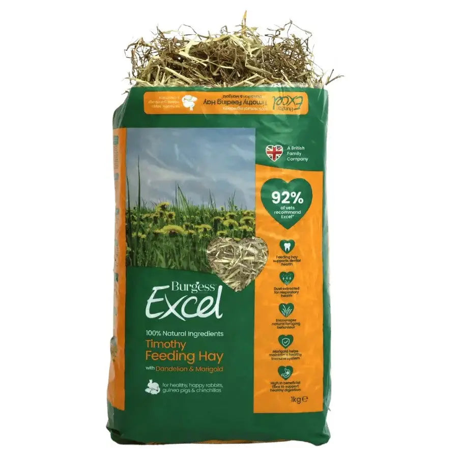 Burgess Excel Timothy Feeding Hay bag with natural ingredients for small animals, featuring dandelion and marigold.