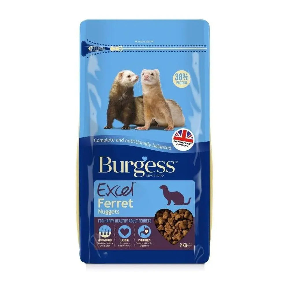 Burgess Excel Ferret Nuggets, 2kg bag, nutritious food for happy, healthy adult ferrets.