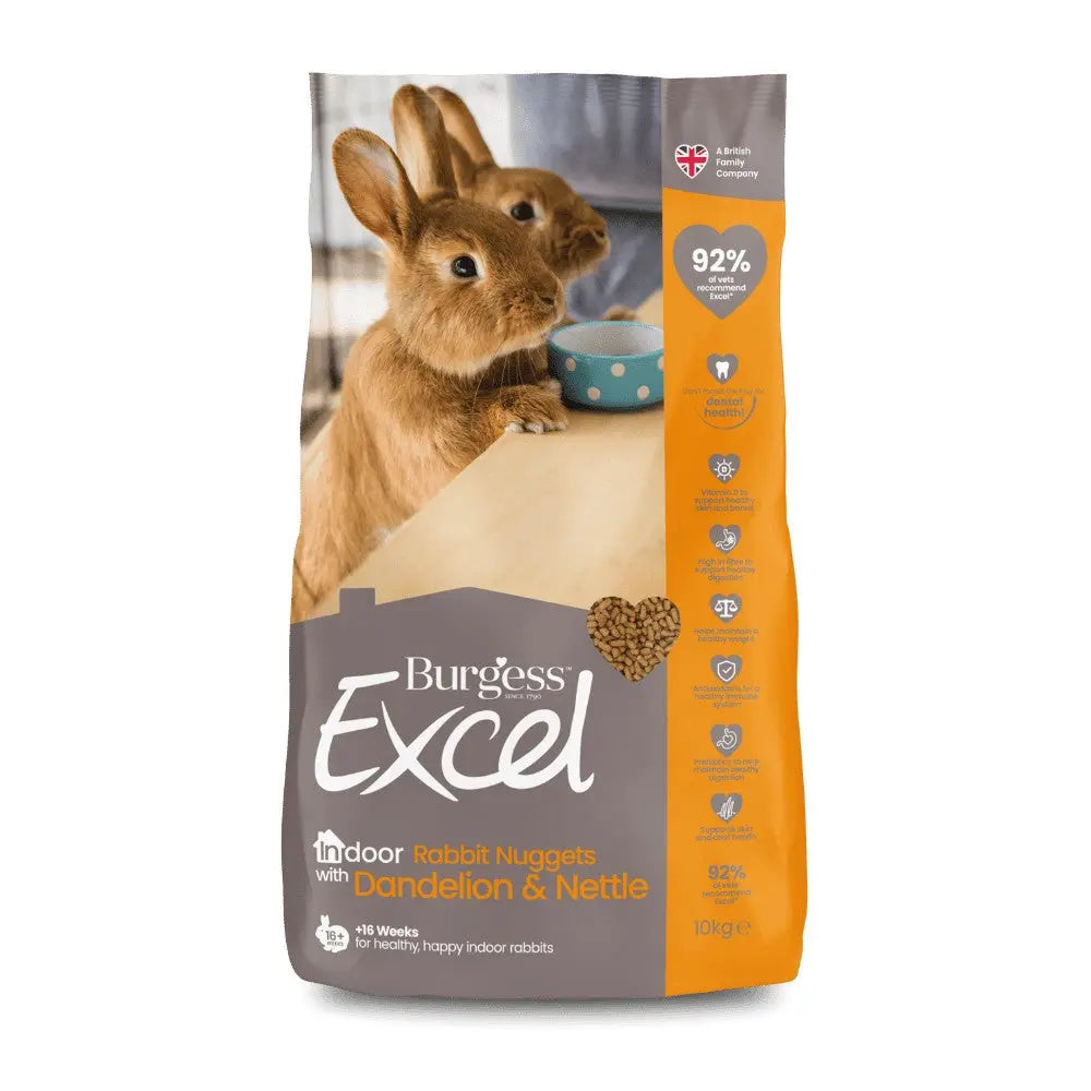 Burgess Excel indoor rabbit nuggets with dandelion and nettle for healthy, happy rabbits.