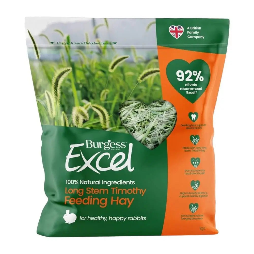 Burgess Excel Long Stem Timothy Feeding Hay for healthy, happy rabbits in eco-friendly packaging.