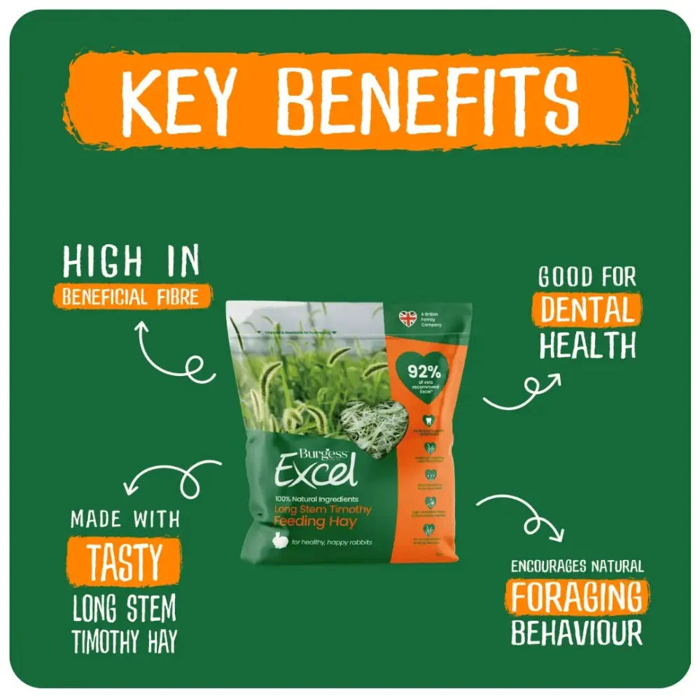 Excel feeding hay bag highlighting key benefits for rabbits, including dental health and foraging behavior.