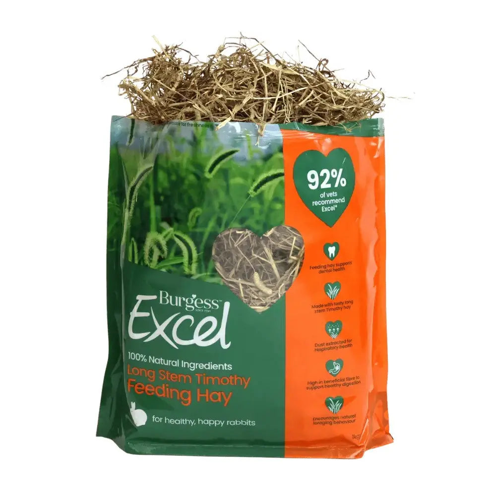 Burgess Excel Long Stem Timothy Feeding Hay bag for healthy, happy rabbits with natural ingredients.