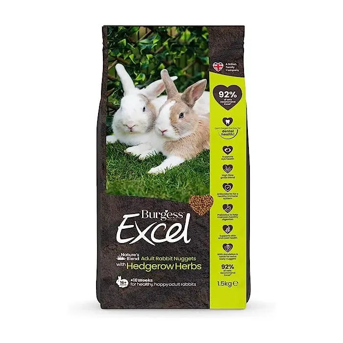 Burgess Excel rabbit nuggets with hedgerow herbs, ideal for healthy adult rabbits, 1.5 kg bag.