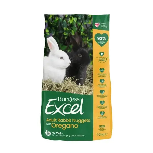 Burgess Excel Adult Rabbit Nuggets with Oregano for healthy, happy adult rabbits in a 1.5kg bag.