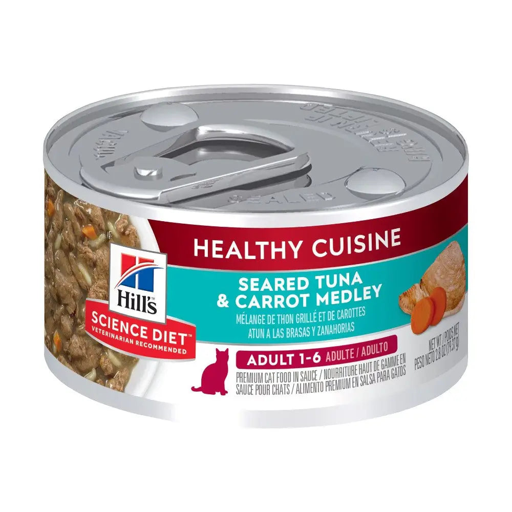 Canned cat food featuring seared tuna and carrot medley for adult cats, packed with nutrients and flavor.