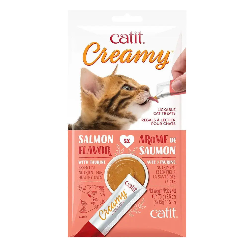 Catit Creamy salmon flavor cat treats in a convenient lickable pouch for healthy feline enjoyment.