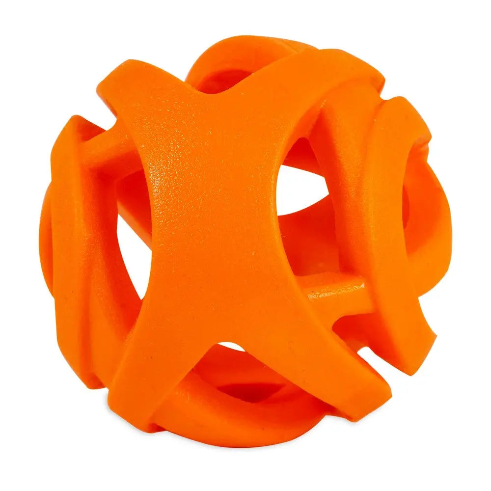 Bright orange dog toy ball designed for interactive play and chewing.