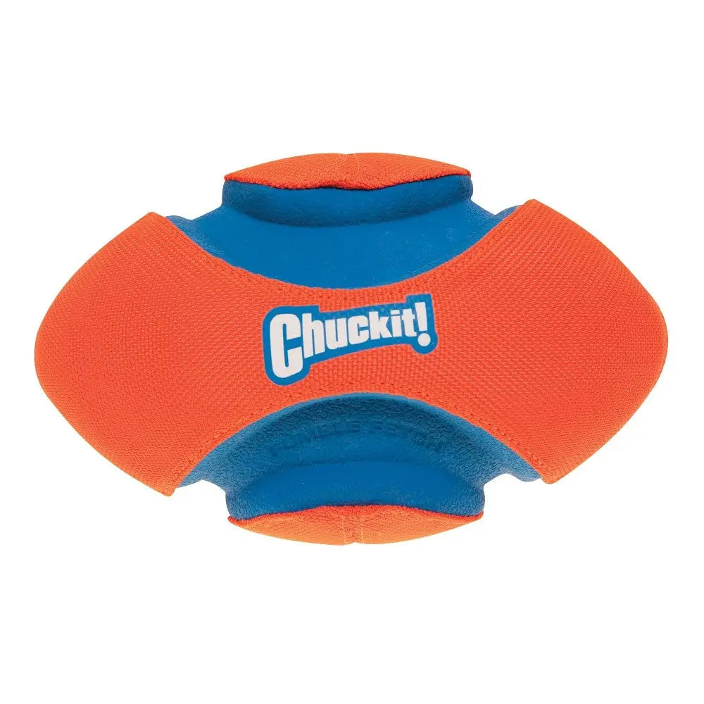 Chuckit! dog toy in vibrant orange and blue, perfect for outdoor fetch games.