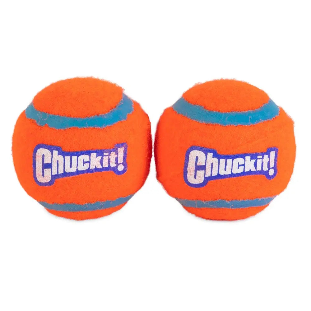 Bright orange Chuckit! balls for dogs, perfect for outdoor play and fetch activities.