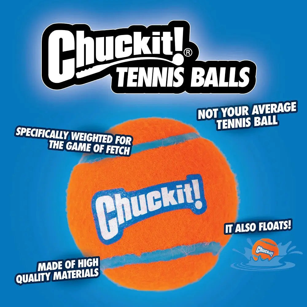 Chuckit! tennis ball designed for fetch, made from high-quality materials, and it floats for water play.