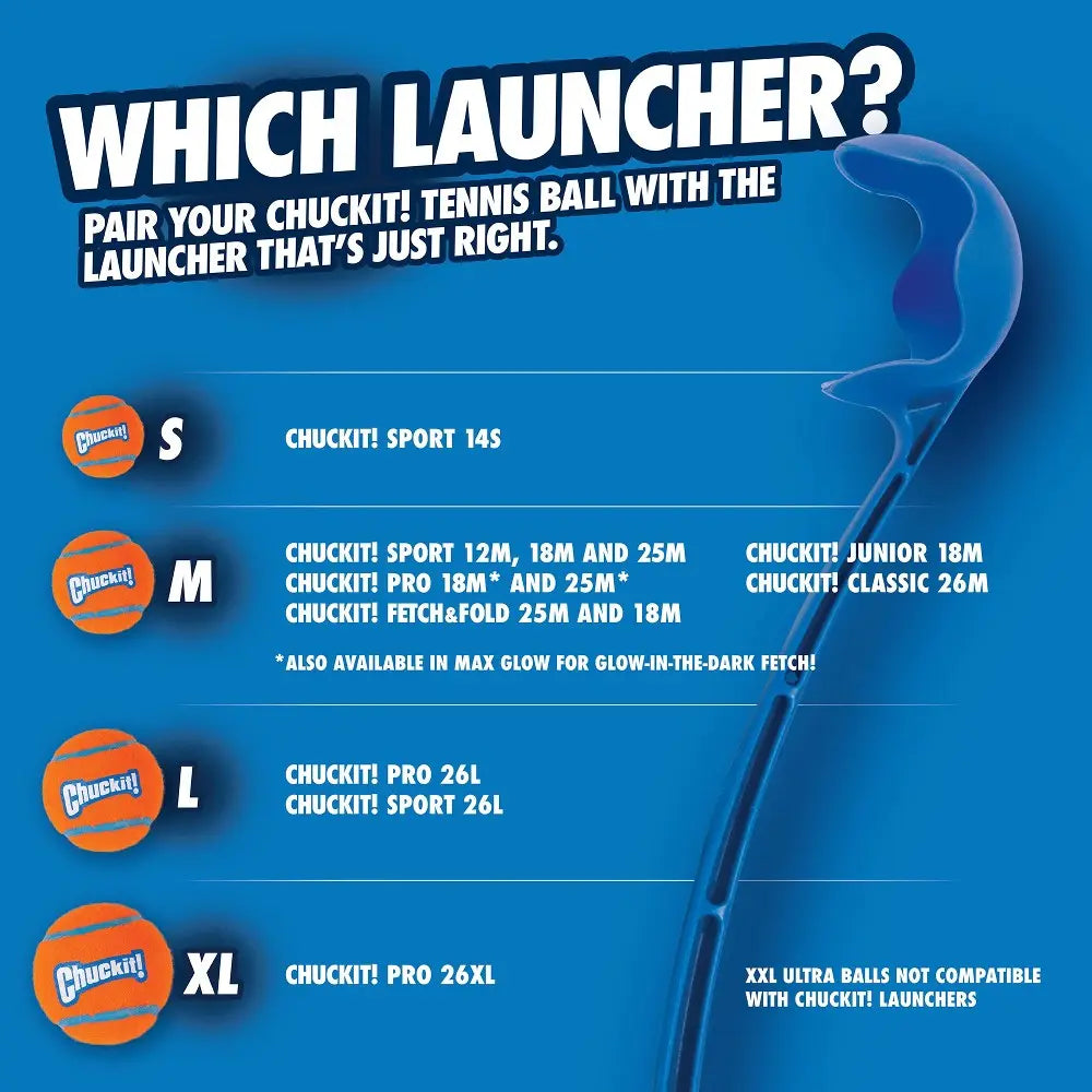 Chuckit! launcher guide featuring various sizes and compatible tennis balls for optimal fetch play.