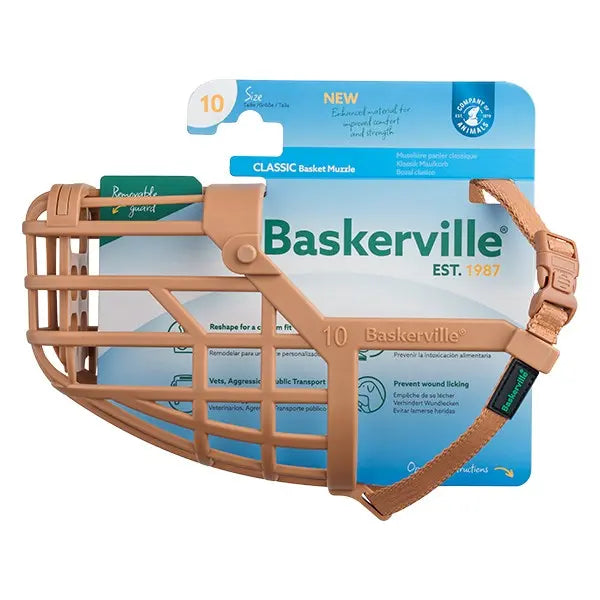 Baskerville classic dog muzzle for safe and comfortable pet transport, size 10, tan color.