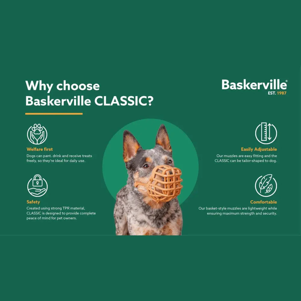 Baskerville Classic dog muzzle infographic highlighting safety, comfort, and adjustability features.