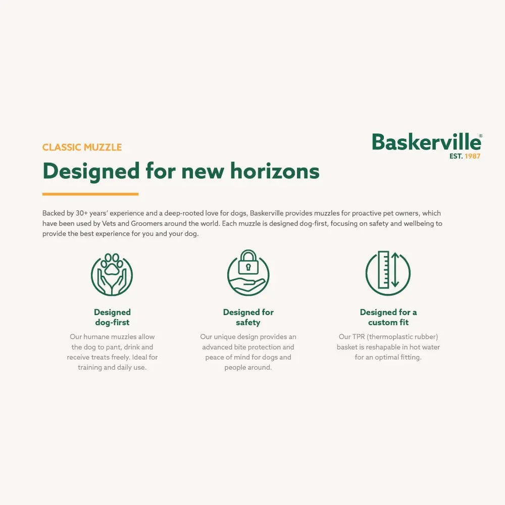 Baskerville classic muzzle for dogs, designed for safety, comfort, and training.