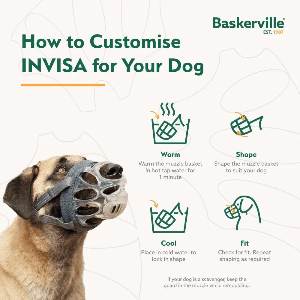Dog muzzle customization guide with steps for warming, shaping, cooling, and fitting the Baskerville INVISA.