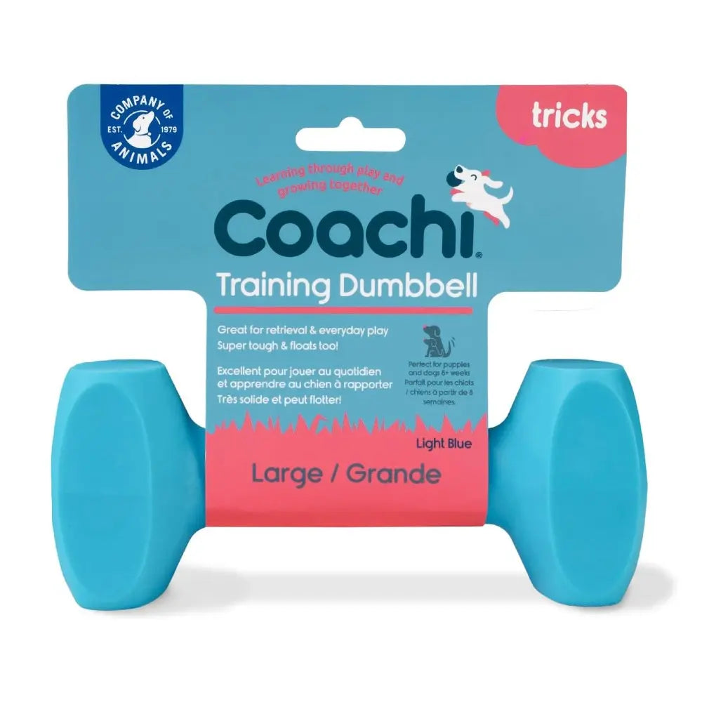 Light blue training dumbbell for dogs, ideal for retrieval and play, promoting fun and exercise.