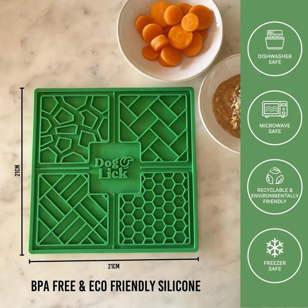 Eco-friendly silicone dog lick mat, dishwasher and microwave safe, perfect for pet feeding and enrichment.