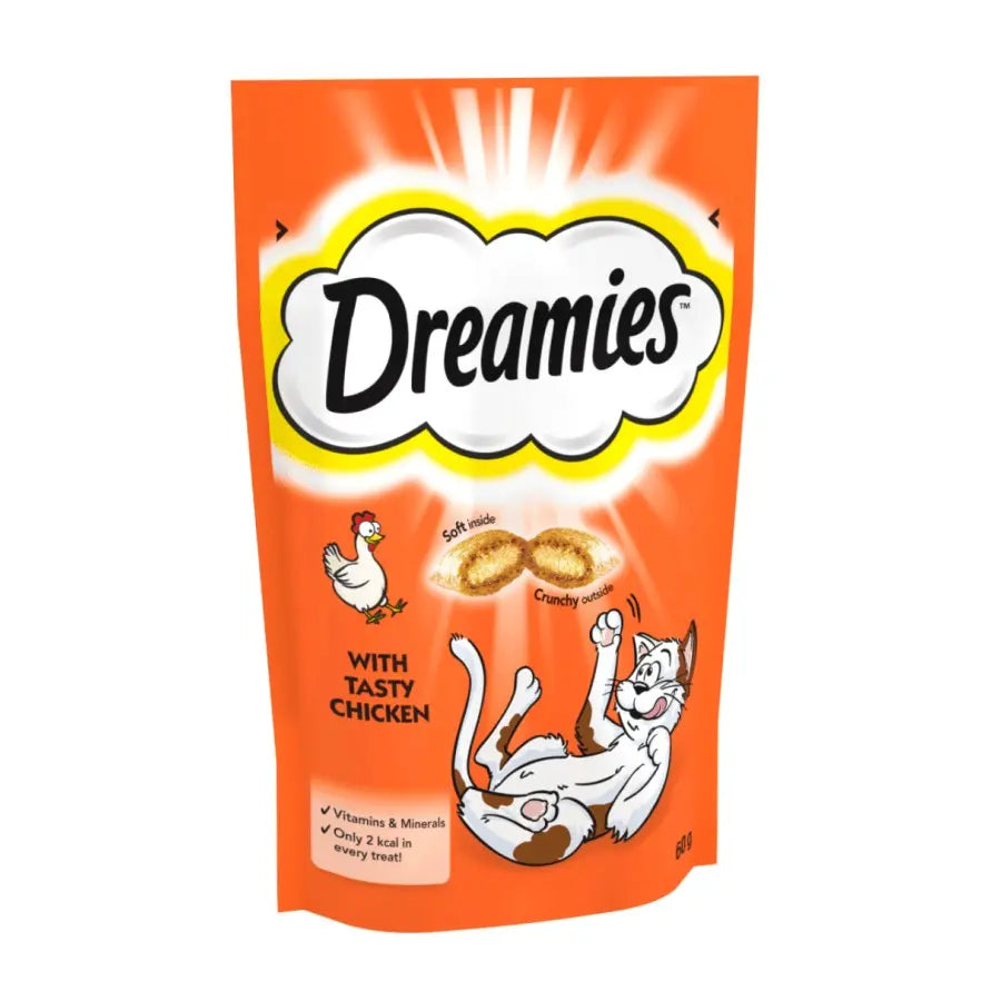 Dreamies cat treats with tasty chicken, featuring a playful cat and vibrant packaging.