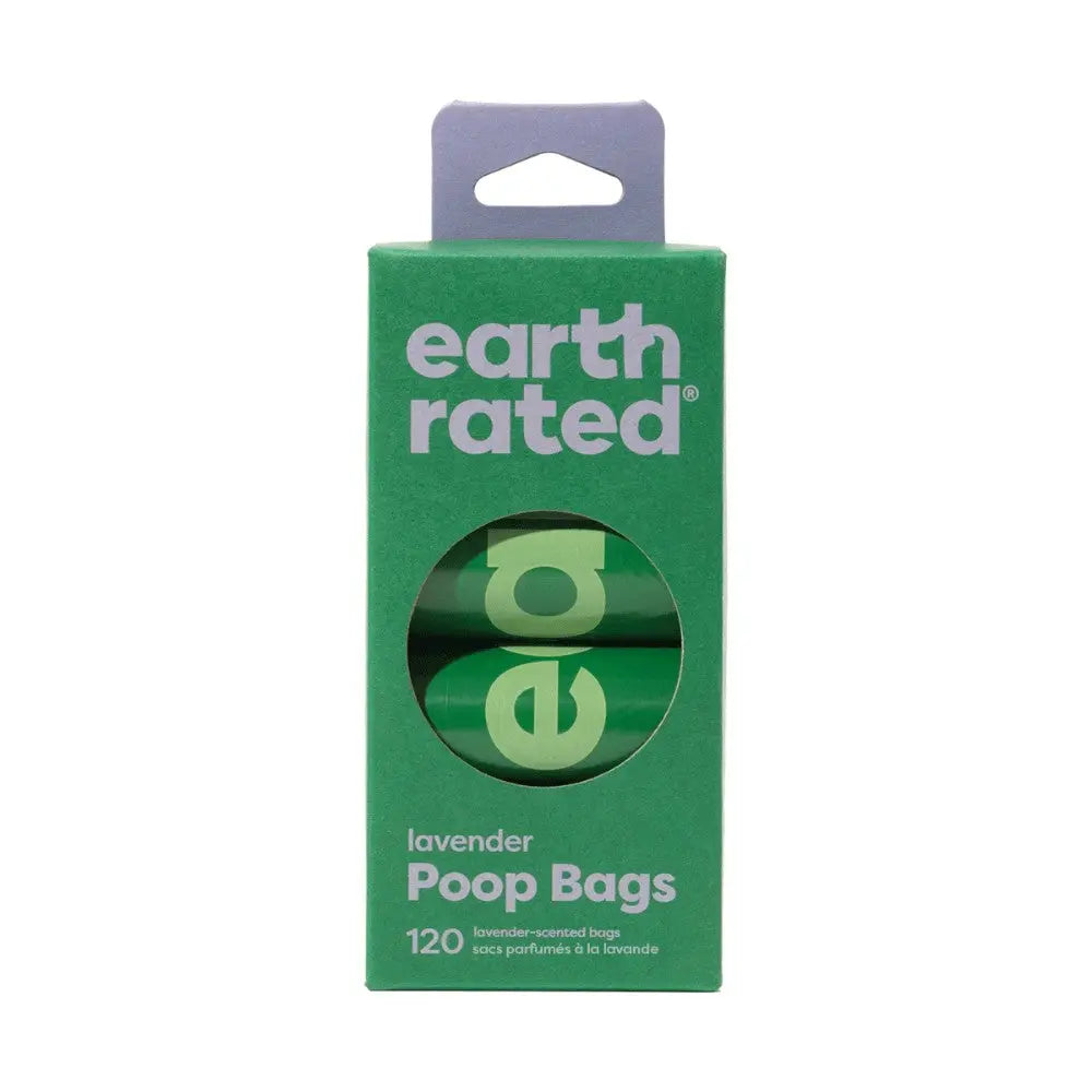 Earth Rated lavender-scented poop bags, eco-friendly packaging, 120 bags for pet waste disposal.