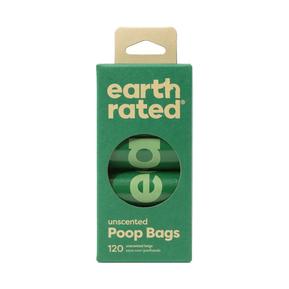 Eco-friendly unscented poop bags in a green box, perfect for pet waste disposal.