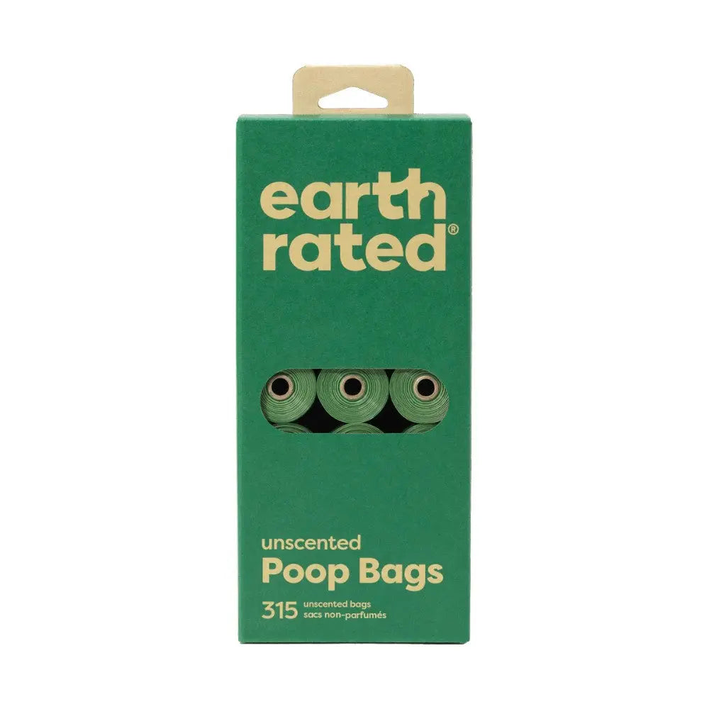Earth Rated unscented poop bags, 315 count, eco-friendly packaging for pet waste disposal.