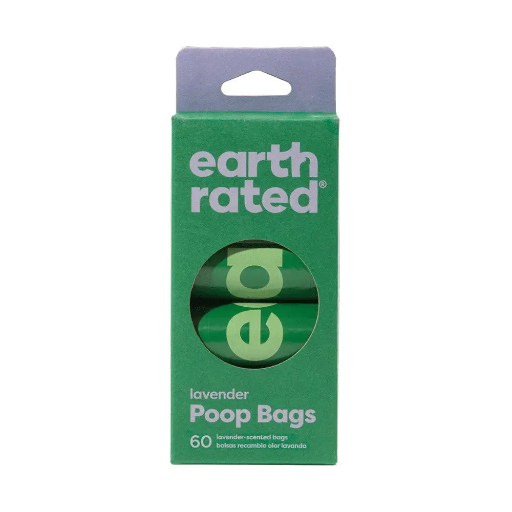 Earth Rated lavender-scented poop bags, 60 count, eco-friendly pet waste disposal solution.