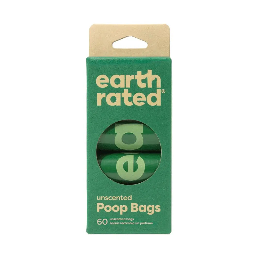 Eco-friendly unscented poop bags in a green packaging, perfect for pet waste disposal.