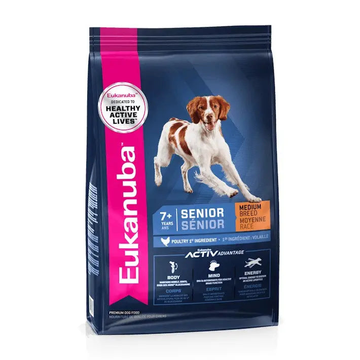 Eukanuba Senior Dog Food for medium breeds, promoting health and vitality for dogs 7 years and older.