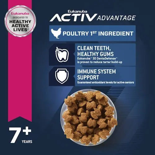 Eukanuba dog food for seniors, featuring poultry as the first ingredient and promoting healthy teeth and immune support.