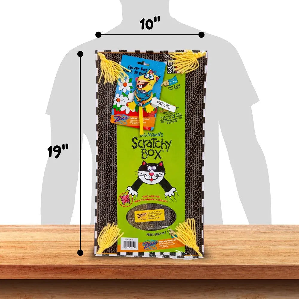 Cat scratcher box with colorful packaging and playful design for feline fun and entertainment.