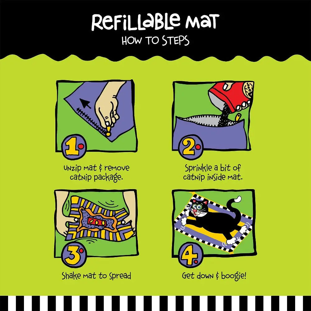 Instructions for using a refillable mat with catnip, featuring step-by-step visuals.