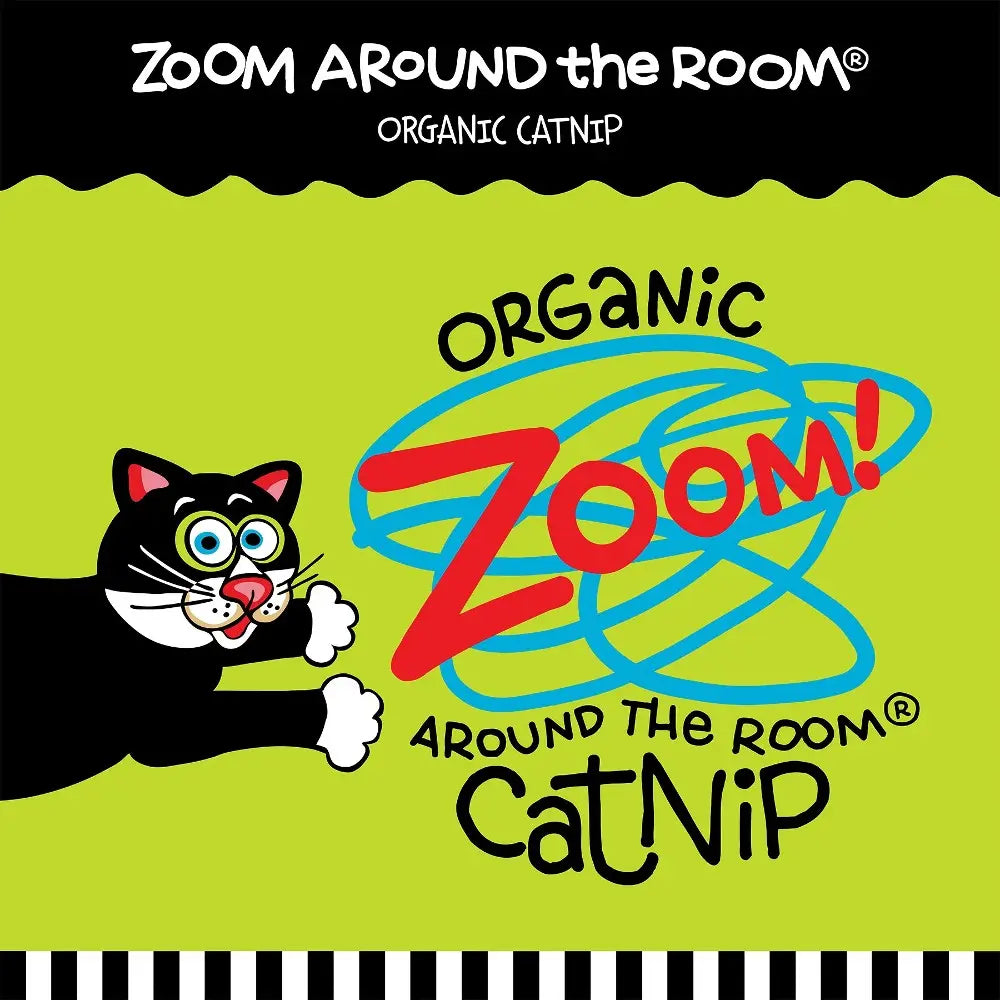 Organic catnip packaging featuring a playful black cat and vibrant "Zoom Around the Room" branding.