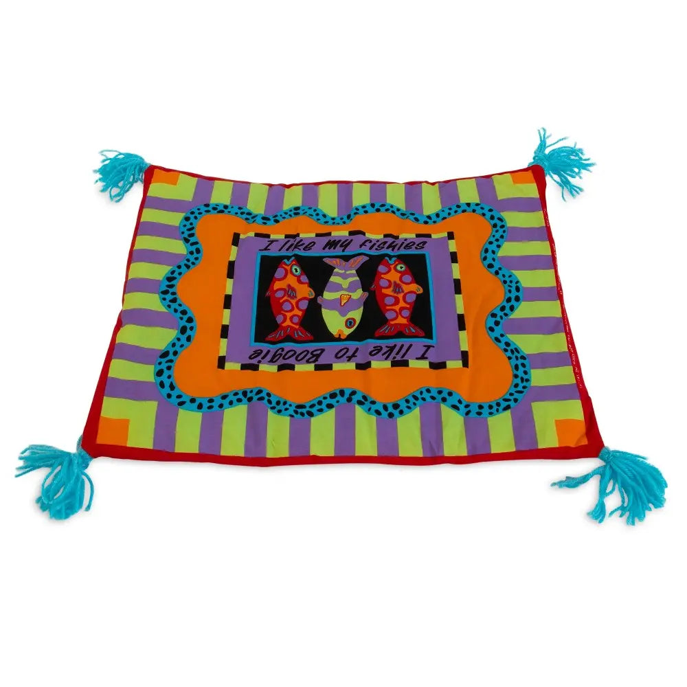 Colorful pet mat with playful design and tassels, perfect for pets to relax and lounge comfortably.