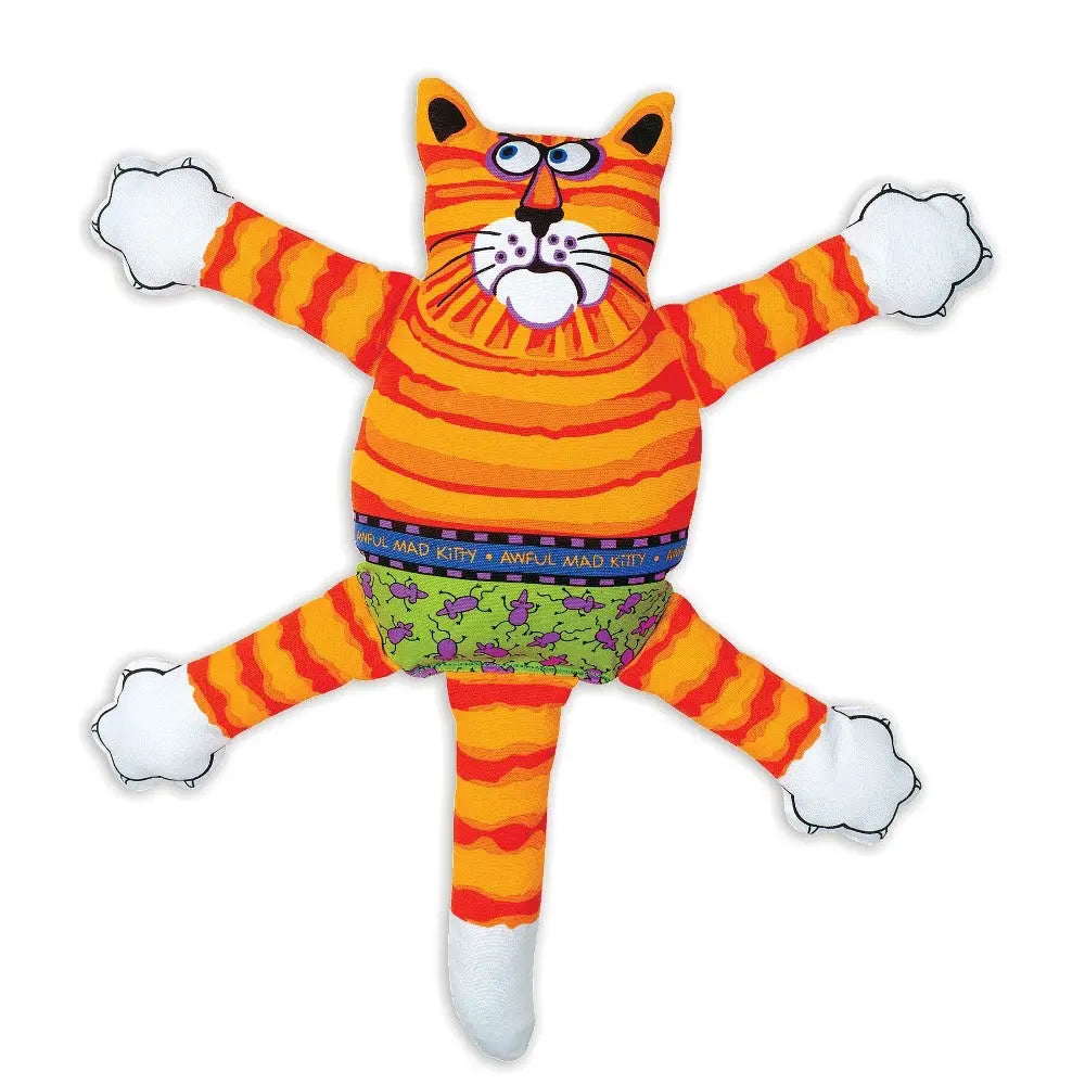 Colorful plush cat toy with striped design and playful expression, perfect for kids' imaginative play.
