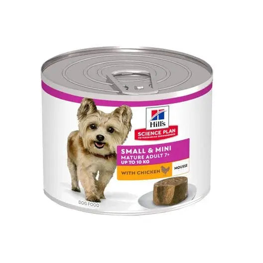 Canned dog food for small and mini mature adults, featuring chicken mousse for optimal nutrition.
