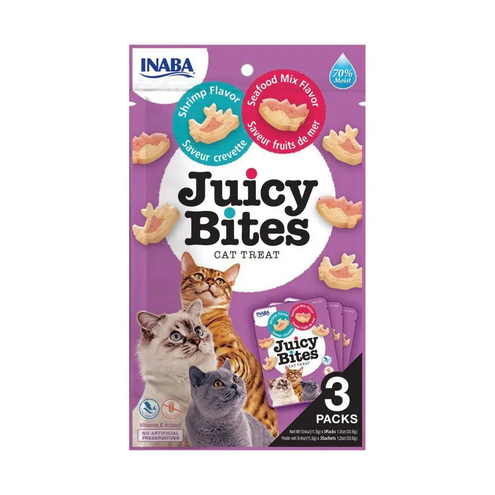 Juicy Bites shrimp-flavored cat treats in a colorful packaging for seafood-loving felines.