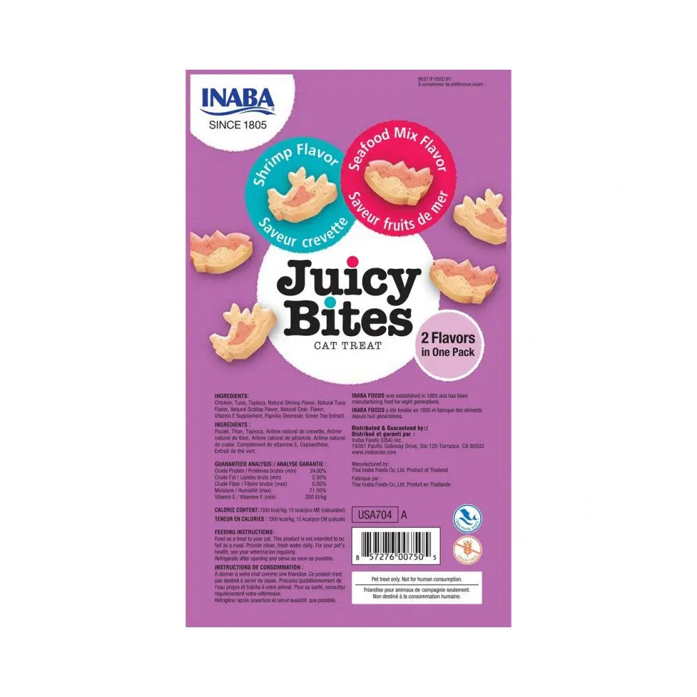 Juicy Bites cat treats featuring shrimp and seafood mix flavors in vibrant packaging.