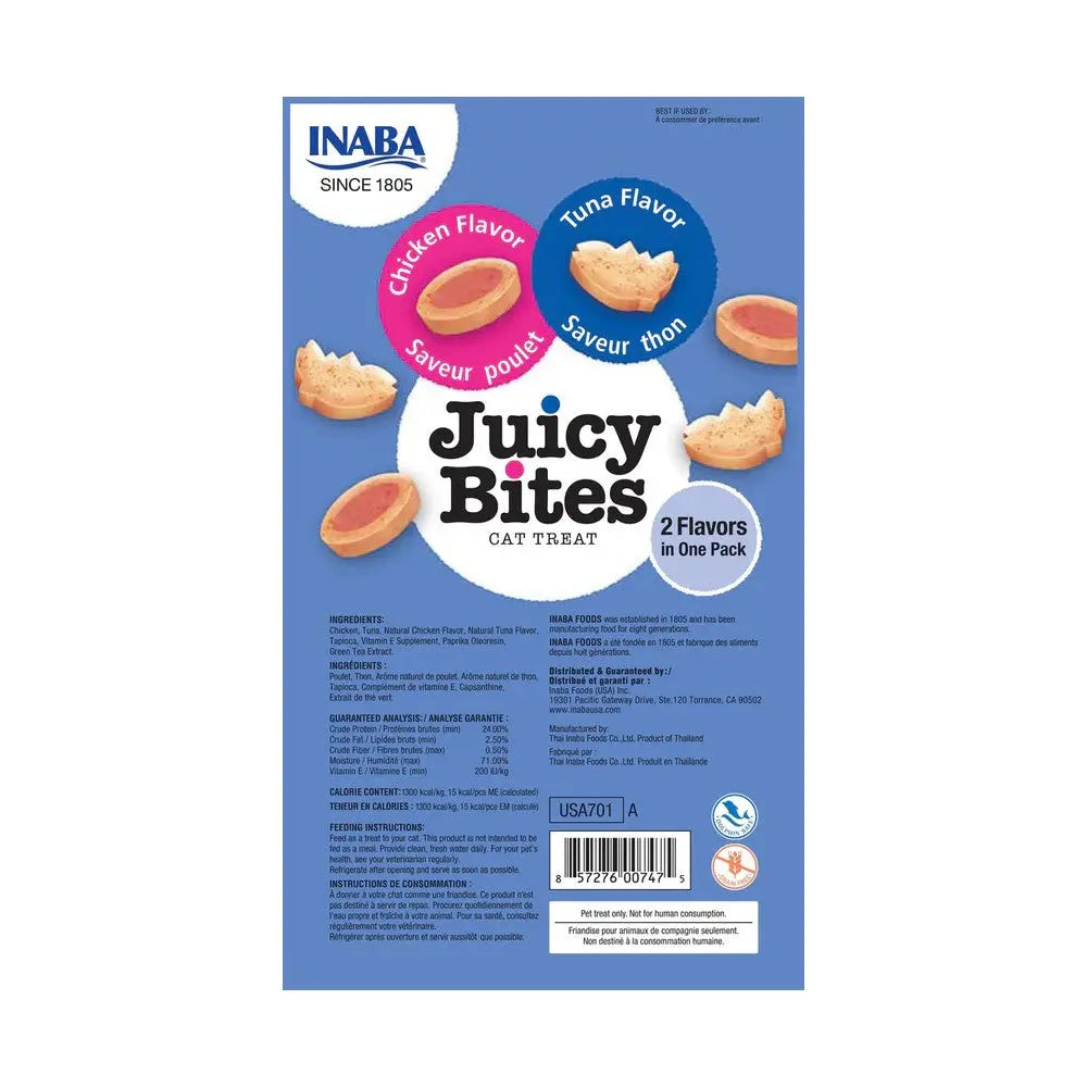 Juicy Bites cat treats packaging featuring chicken and tuna flavors with ingredient details.