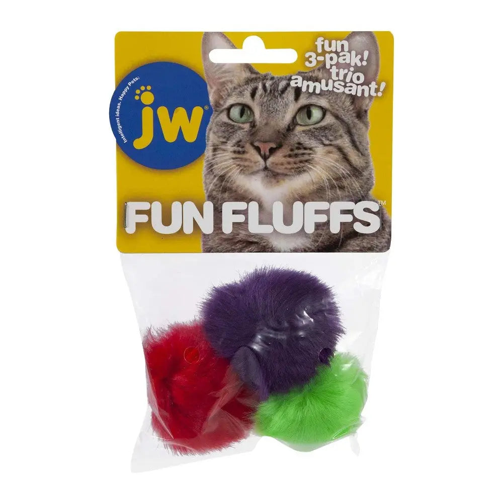 Colorful cat toys in a pack, featuring soft, fluffy balls for playful feline fun.