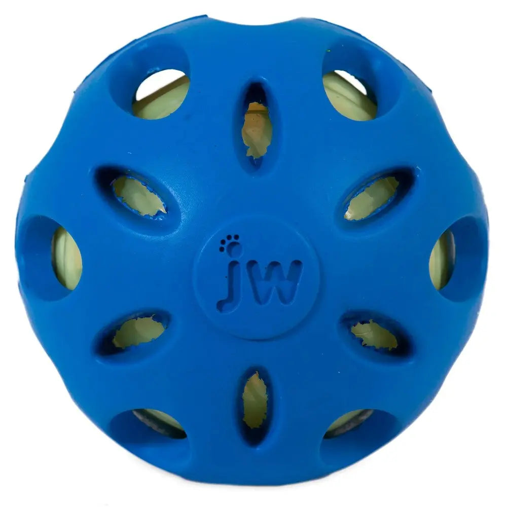 Durable blue dog toy ball with holes for treats and easy grip, perfect for interactive playtime.