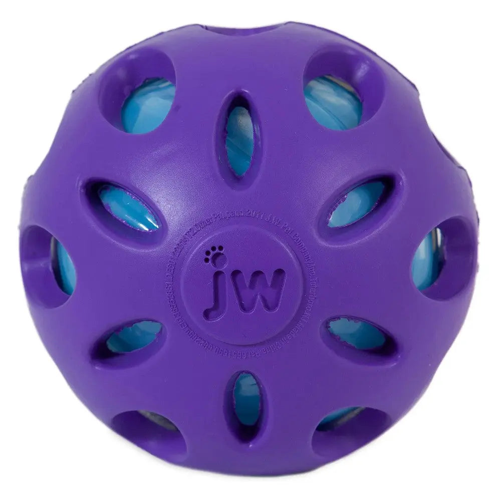Purple dog toy ball with holes for easy grip and a colorful interior for added fun.