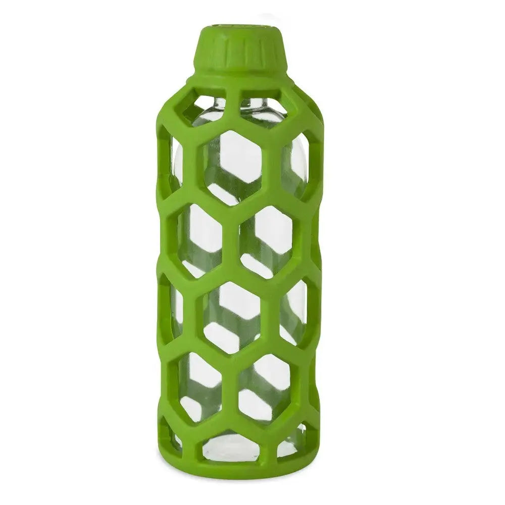 Green honeycomb-patterned water bottle with a protective silicone sleeve for easy grip.