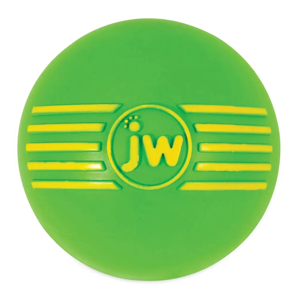 Bright green dog toy ball with yellow stripes and JW logo for interactive playtime.