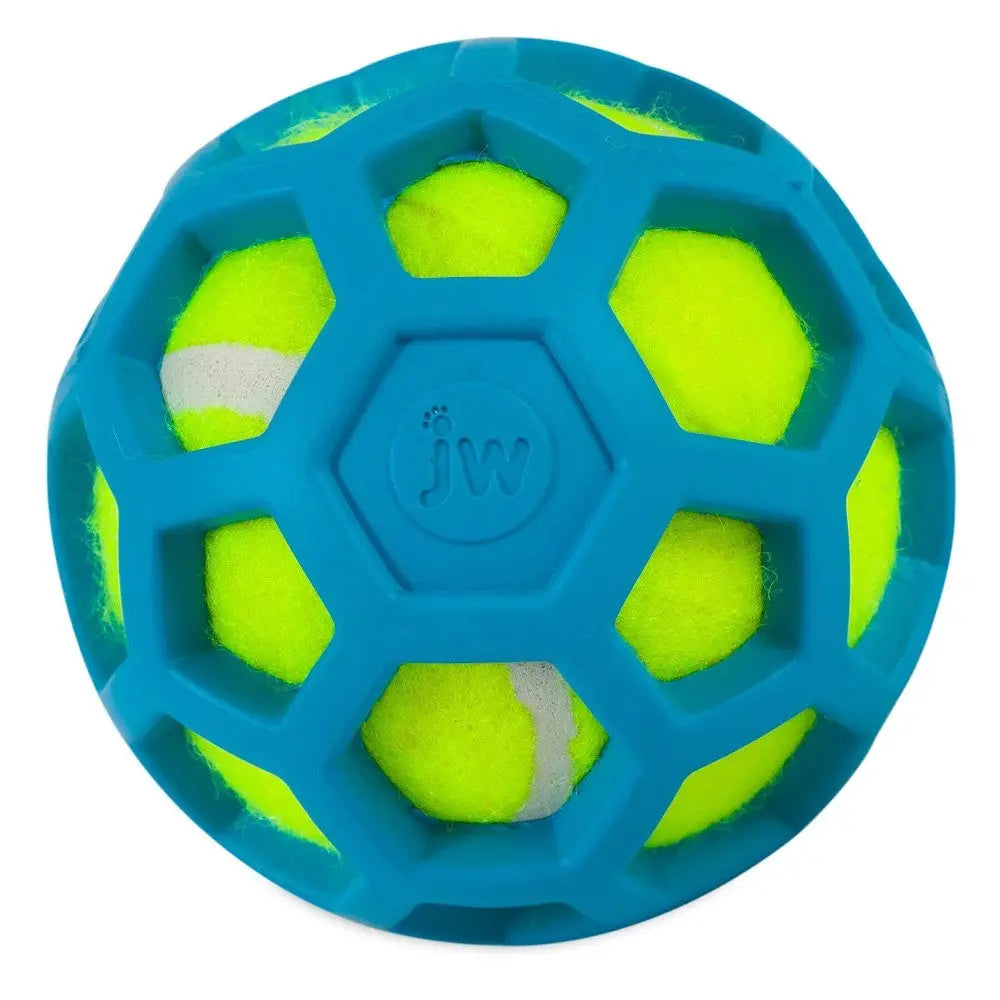 Durable dog toy with a bright yellow tennis ball inside a blue honeycomb design for interactive play.