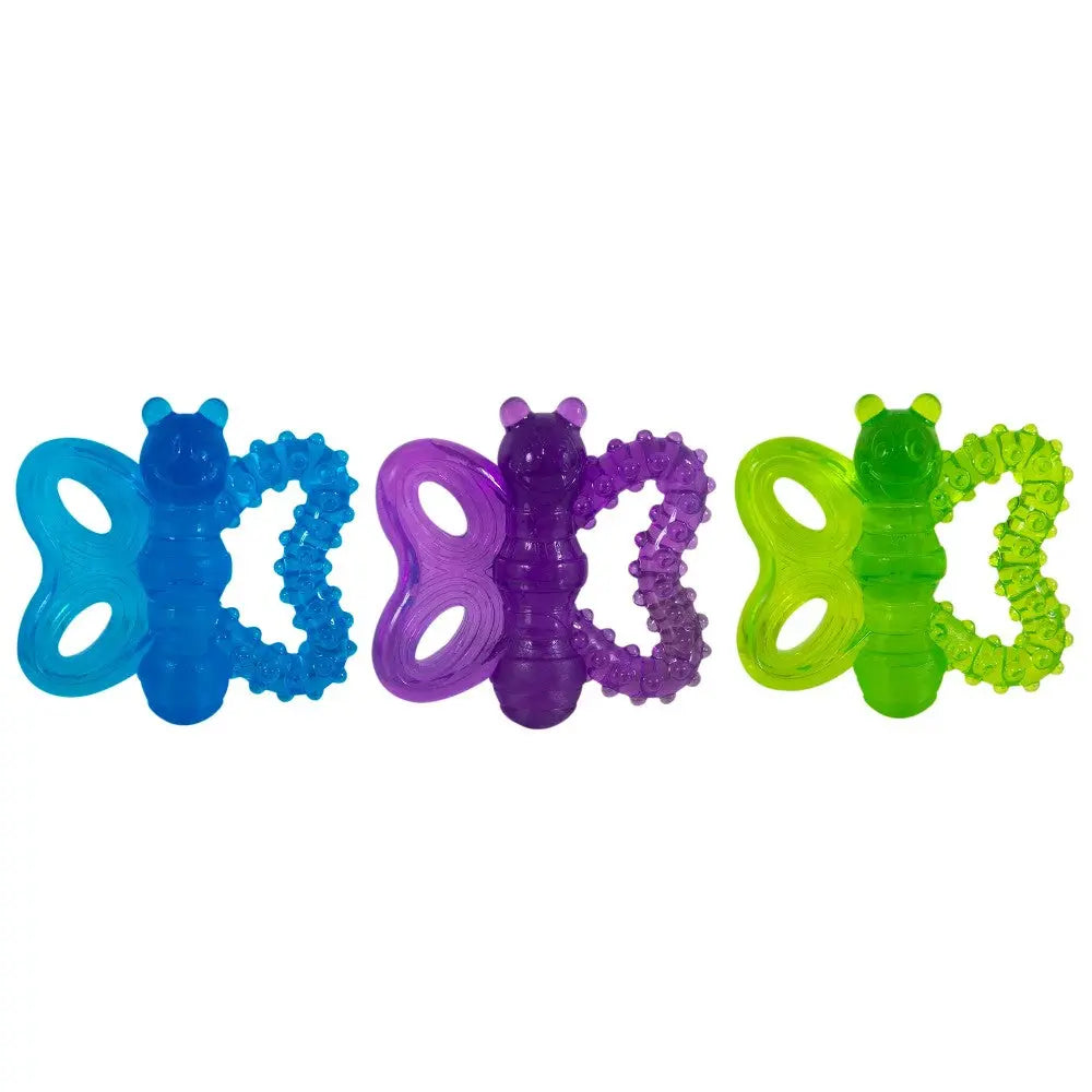 Colorful butterfly-shaped teething toys for soothing infants' gums.