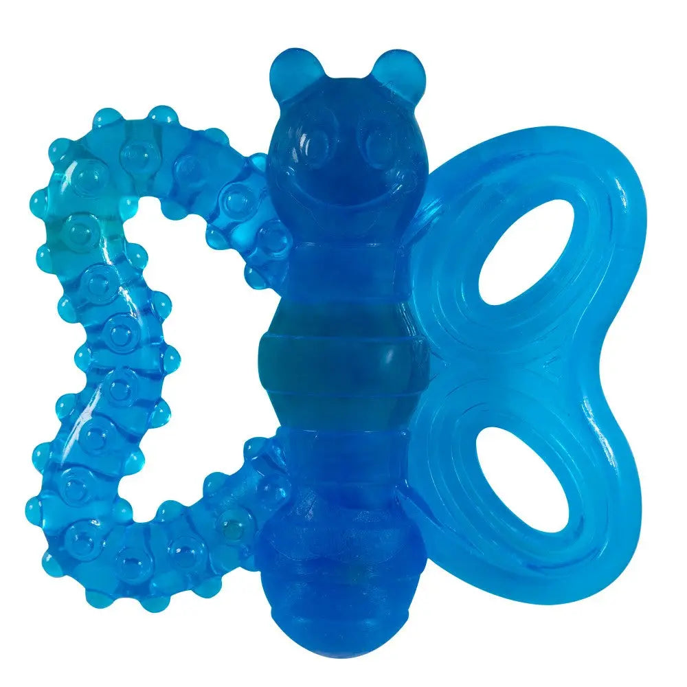 Blue baby teether shaped like a butterfly, designed for soothing gums during teething.