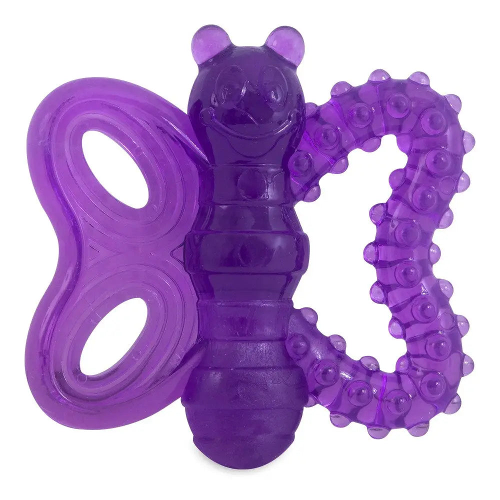Purple butterfly teether toy designed for soothing infants' gums and promoting sensory exploration.
