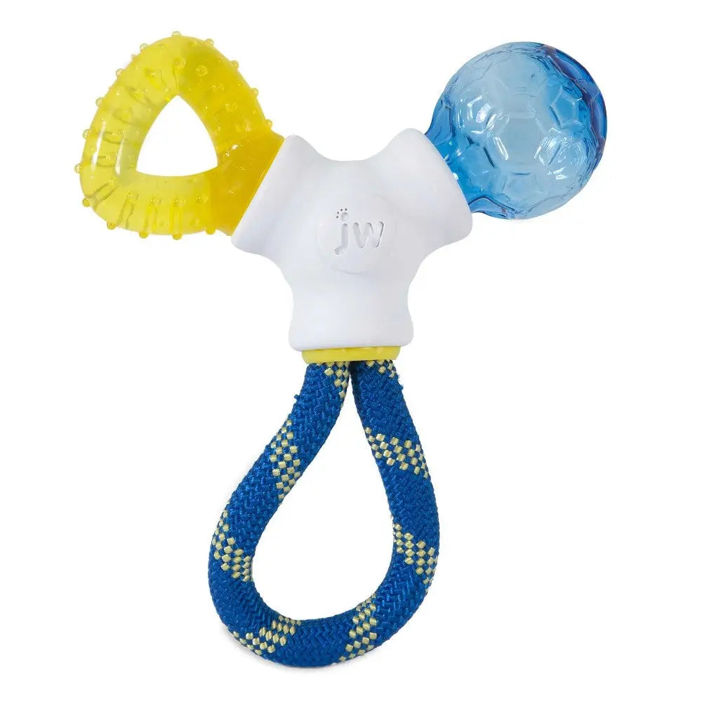 Colorful dog toy with textured rubber and rope for chewing and playtime fun.